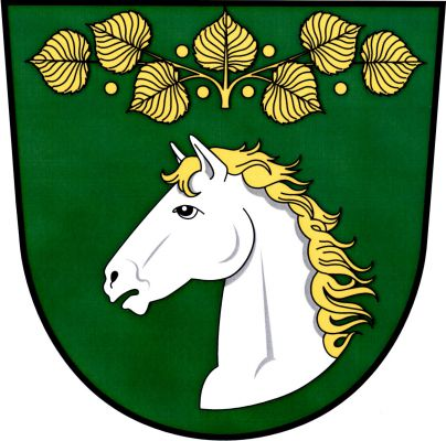 V zeleném štítě stříbrná kobylí hlava s krkem se zlatou hřívou převýšená zlatou lipovou větévkou se sedmi listy a šesti plody. Znak Kobyly