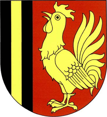 Černo-červeně vpravo polcený štít, vpravo zlatý kůl, vlevo zlatý kohout. Znak Kojetice