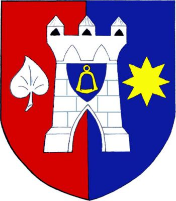 V červeno-modře polceném štítě stříbrná věž s cimbuřím a prázdnou branou, provázená vpravo vztyčeným stříbrným listem, vlevo zlatou osmihrotou hvězdou. Nad branou modrý štítek se zlatým třmenem. Znak Koldín