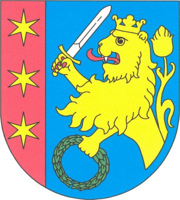 V červeno-modře vpravo polceném štítě vpravo tři zlaté hvězdy, vlevo polovina zlatého korunovaného lva s červenou zbrojí a stříbrnými zuby, držící v pravé tlapě stříbrný meč se zlatým jílcem a v levé zelený věnec. Znak Koleč