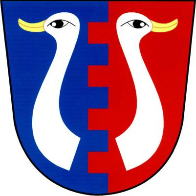 V modro-červeně cimbuřovitě polceném štítě odvrácené stříbrné husí hlavy s krky se zlatými zobáky. Znak Kolšov