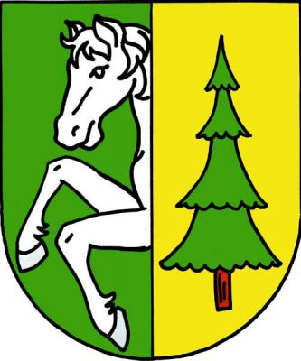 Zeleno-zlatě polcený štít, vpravo z poltící linie vyniká přední část stříbrného koně, vlevo smrk přirozené barvy. Znak Konojedy