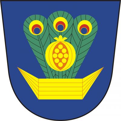 V modrém štítě zlatá loďka (korka), z níž vyrůstá paví kyta o třech perech, v ní zlaté granátové jablko. Znak Korkyně