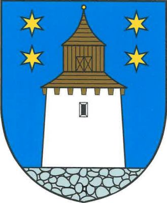 V modrém štítě na kamenné patě stříbrná věž s černým oknem, s dřevěným zvonovým patrem a stanovou střechou přirozené barvy se zlatou makovicí. Věž nahoře provázena čtyřmi (2, 2) zlatými hvězdami. Znak Korouhev