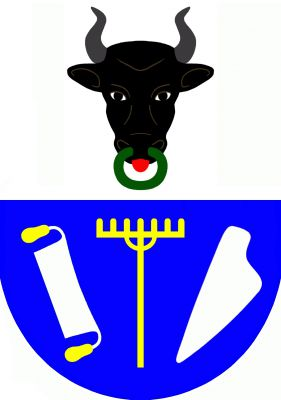 Ve stříbrno - modře děleném štítě nahoře černá zubří hlava se zelenou houžví a červeným jazykem, dole zlaté hrábě provázené kosmým stříbrným pořízem se zlatými rukojeťmi a šikmou, doleva obrácenou stříbrnou radlicí. Znak Koroužné