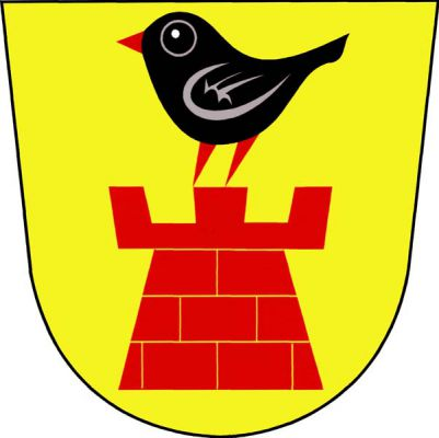 Ve zlatém štítě červená kvádrovaná věž s cimbuřím, nad ní černý kos s červenou zbrojí. Znak Kosice