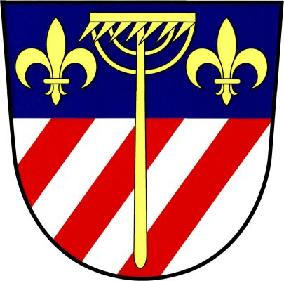 V modro - stříbrně zvýšeně děleném štítě, dole se třemi šikmými červenými břevny, hrábě, nahoře provázené dvěma liliemi, vše zlaté. Znak Kosořín