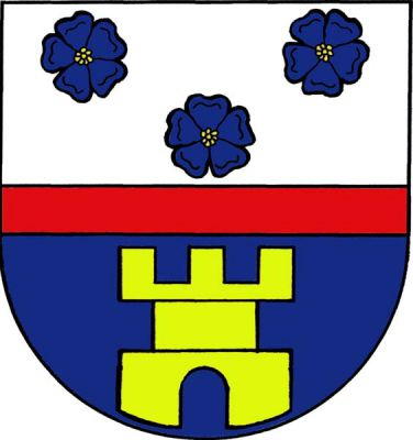 Ve stříbrno-modře červeným břevnem děleném štítě nahoře tři (2,1) modré květy lnu, dole zlatá věž s cimbuřím a prázdnou branou. Znak Košťálov