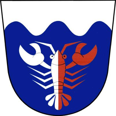V modrém štítě pod stříbrnou vlnitou hlavou stříbrno-červeně polcený rak. Znak Kostelany nad Moravou