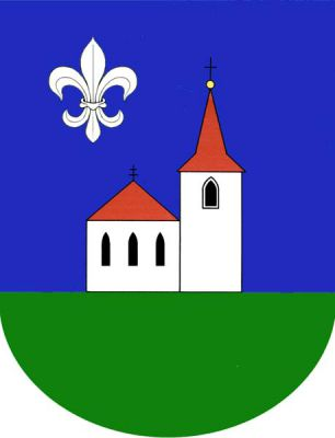 V modrém štítě na zeleném trávníku stříbrný kostel s věží vlevo, červenými střechami, s prolomenými černými gotickými okny. Vlevo nahoře stříbrná lilie. Znak Kostelec