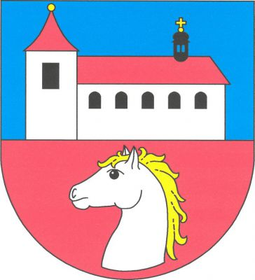 V modro - červeně děleném štítě nahoře vyniká stříbrný kostel s věží vpravo. Loď s pěti obloukovými okny vedle sebe a valbovou střechou se sanktusníkem s cibulovou střechou a makovicí s křížkem, věž s oknem a jehlancovou střechou s makovicí; střechy červené, okna a sanktusník černé, makovice a křížek zlaté. Dole stříbrná koňská hlava s krkem se zlatou hřívou. Znak Kostelní Hlavno