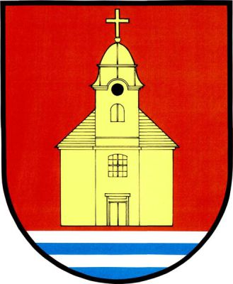 V červeném štítě nad 3x stříbrno-modře dělenou patou zlaté průčelí kostela s věží. Znak Kostelní Lhota