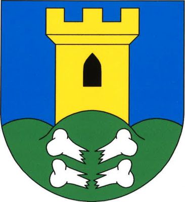 V modrém štítě na zeleném trojvrší se dvěma stříbrnými, dolů zlomenými kostmi pod sebou zlatá věž s cimbuřím a černým gotickým oknem. Znak Kostomlaty pod Milešovkou