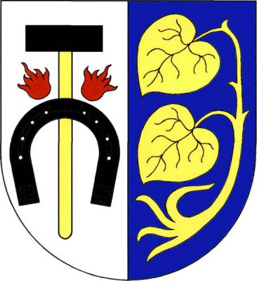 Ve stříbrno-modře polceném štítě vpravo černé kovářské kladivo na zlaté násadě přeložené černou podkovou provázenou nahoře dvěma červenými plamínky, vlevo zlaté lekno se dvěma listy pod sebou. Znak Kovanice