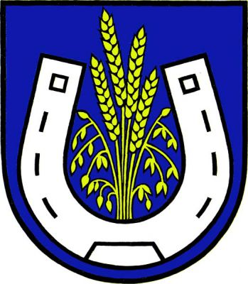 V modrém štítě dolů obrácená stříbrná podkova, z ní vyrůstají zlaté obilné klasy. Znak Kovářov