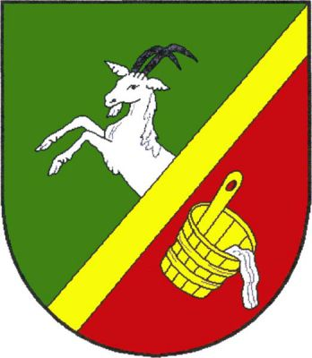 Šikmo dělený štít. Nahoře v zeleném poli z dělící linky vyskakující stříbrný kozel, dole pod zlatou šikmou hlavou v červeném poli zlaté šikmo postavené vědro s vytékající stříbrnou vodou. Znak Kozlany