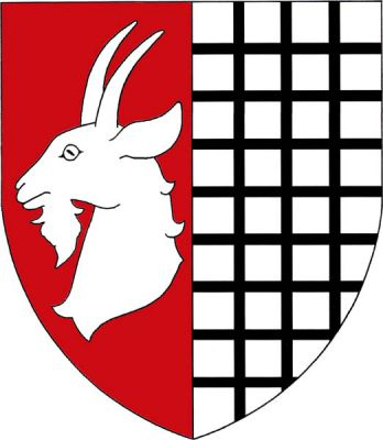 V červeno-stříbrně polceném štítě vpravo stříbrná hlava kozla s krkem, levé pole černě mřížované. Znak Kožlí