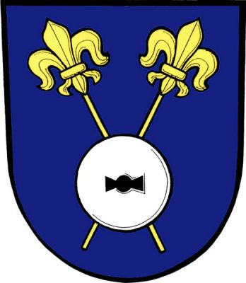 V dolní polovině modrého štítu stříbrné mlýnské kolo s černou položenou kypřicí, podložené dvěma zlatými zkříženými liliovými hůlkami. Znak Kozmice