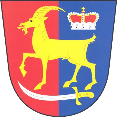 V červeno-modře polceném štítě zlatý kráčející kozel nad položenou stříbrnou šavlí se zlatým jílcem, vlevo nahoře provázený knížecí korunou. Znak Kozojedy
