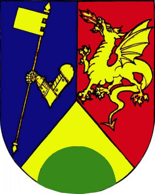 Modro-červeně polcený štít se zlatým do poloviny sníženým hrotem, v něm zelené návrší. Vpravo obrněné rameno držící praporec, vlevo saň, vše zlaté. Znak Krabčice
