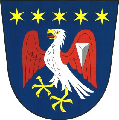 V modrém štítě pod pěti zlatými hvězdami vedle sebe stříbrný červeně rozkřídlený krahujec se zlatou zbrojí a se stříbrným kamenným klínem v levém křídle. Znak Krahulčí