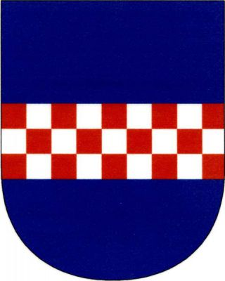V modrém štítě třemi řadami stříbrno-červeně šachované břevno. Znak Krakov
