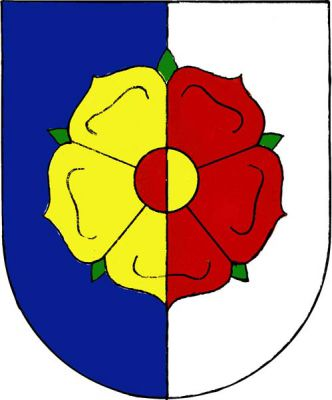 V modro-stříbrně polceném štítě zlato-červeně polcená růže se semeníkem opačných barev. Znak Křeč