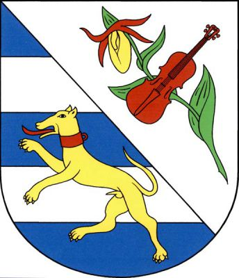 Ve stříbrno-modře kosmo děleném štítě nahoře kosmo položený střevíčník přirozené barvy, šikmo přeložený červenými houslemi, dole dvě stříbrná břevna, přes ně zlatý chrt ve skoku s červeným jazykem a obojkem. Znak Křečovice