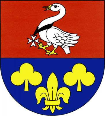 V červeno-modře děleném štítě nahoře stříbrná labuť se zlatou zbrojí a černou stuhou kolem krku se zavěšeným stříbrným maltézským křížem, dole lilie mezi dvěma jetelovými trojlisty, vše zlaté. Znak Křelovice
