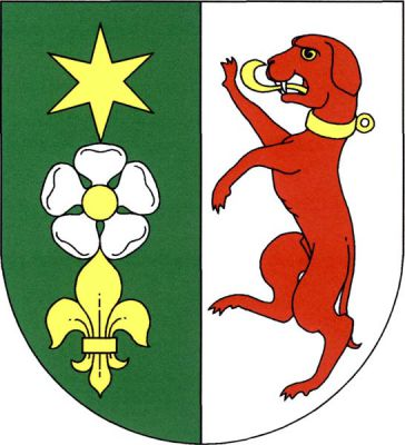 V zeleno-stříbrně polceném štítě vpravo pod sebou přiléhající zlatá hvězda, stříbrná růže se zlatým semeníkem a zlatá lilie, vlevo červený pes ve skoku se zlatým jazykem a zlatým obojkem s kroužkem. Znak Křimov