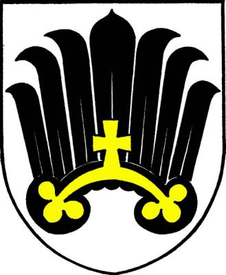 Ve stříbrném štítě černé orlí křídlo se zlatými jetelovými lístky zakončeným perizoniem uprostřed s křížkem. Znak Křižanov