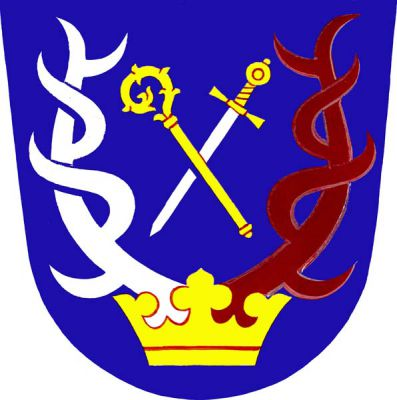 V modrém štítě ze zlaté koruny vyrůstají jelení parohy, pravý stříbrný, levý červený, mezi nimi kosmá zlatá berla závitem ven, křížem podložená postaveným stříbrným mečem se zlatým jílcem a záštitou. Znak Křižany