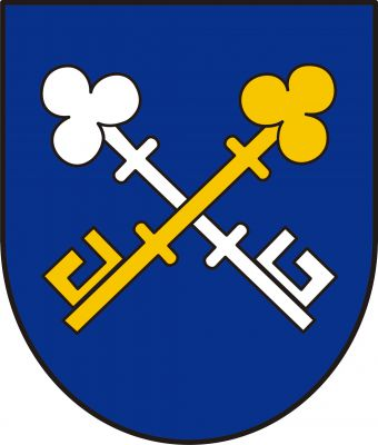 V modrém štítě zkřížené postavené klíče zuby nahoru, horní šikmý zlatý, spodní kosmý stříbrný. Znak Křoví