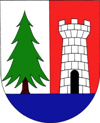 Stříbrno-červeně polcený štít s modrou patou v pravém poli smrk přirozených barev, v levém poli stříbrná hradební věž s cimbuřím a černou branou. Znak Krty-Hradec
