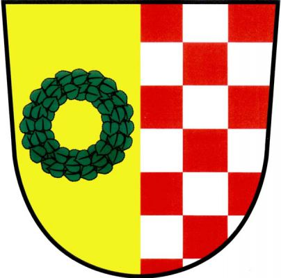 Polcený štít, v pravém zlatém poli zelený lipový věnec, levé pole červeno-stříbrně šachované. Znak Kruh