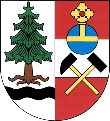 Polcený štít, v pravém stříbrném poli vykořeněná jedle přirozené barvy nad černým vlnitým břevnem, v levém červeném poli se stříbrným břevnem modré, zlatě zdobené říšské jablko nad černými hornickými kladívky se zlatými topůrky. Znak Kryštofovy Hamry