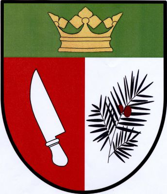 V červeno-stříbrně polceném štítě pod zelenou hlavou se zlatou korunou vpravo kosmo vztyčený stříbrný řeznický nůž ostřím doleva, vlevo šikmo vztyčená větévka tisu se dvěma plody, přirozené barvy . Znak Ktiš