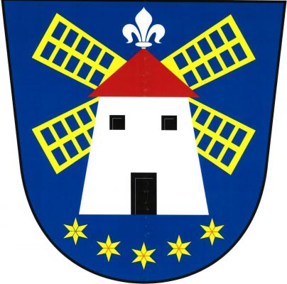 V modrém štítě stříbrný větrný mlýn se zlatými lopatkami, s černým vchodem a dvěma okny, s červenou kuželovou střechou zakončenou vyrůstající stříbrnou lilií. Pod mlýnem pět zlatých hvězd do oblouku. Znak Kunkovice