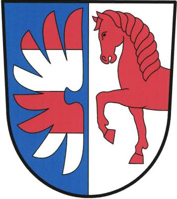 Modro-stříbrně polcený štít. Vpravo doleva obrácené třikrát červeno-stříbrně dělené křídlo, vlevo vyniká z okraje štítu vykračující červený kůň. Znak Kuňovice