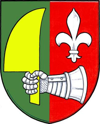 V dolní části zeleno-červeně polceného štítu položená stříbrná rukavice (plechovice) držící vztyčenou zlatou radlici, vlevo nad ní stříbrná lilie. Znak Kurovice