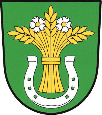 V zeleném štítě zlatý obilný snop se dvěma vyrůstajícími stříbrnými růžemi se zlatými semeníky mezi třemi viditelnými klasy, krajními odkloněnými. Dole snop obklopen obrácenou stříbrnou podkovou. Znak Kvítkovice