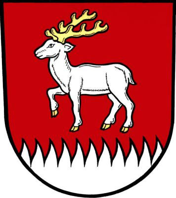 V červeném štítě nad stříbrnou patou oddělenou plamenným řezem vykračující stříbrný jelen se zlatou zbrojí. Znak Kyjovice
