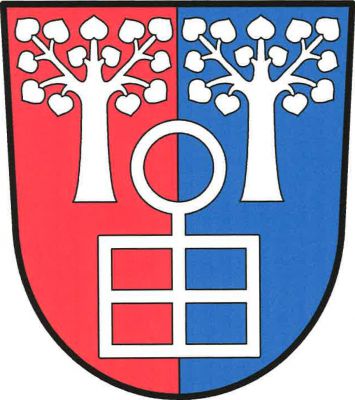 V červeno-modře polceném štítě rošt provázený nahoře dvěma lípami, vše stříbrné. Znak Kyšice