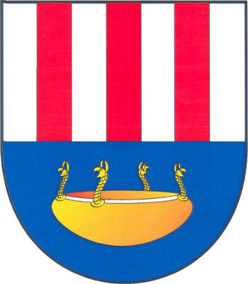 Ve stříbrno - modře děleném štítě nahoře tři červené kůly, dole zlatý keltský kotlík. Znak Lahošť