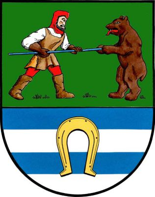 Dělený štít, v horní zelené polovině kovář v bílé haleně a hnědé zástěře a v botách probodávající modrým kopím hnědého vztyčeného medvěda, v dolním třikrát modro-stříbrně děleném poli zlatá podkova. Znak Lánov