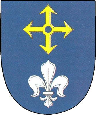 V modrém štítě zlatá rozletitá střela nad stříbrnou lilií. Znak Laškov
