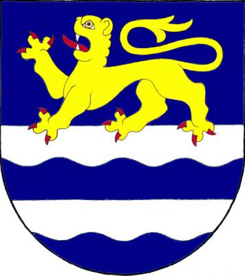 Dělený štít nahoře modrý, dole třikrát stříbrno-modře dělený vlnitým, rovným a vlnitým řezem. Nahoře přes dělící čáru kráčející zlatý lev s červenou zbrojí. Znak Lavičky