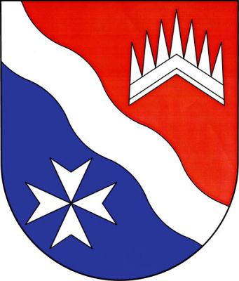 Červeno-modře kosmým stříbrným vlnitým břevnem dělený štít, nahoře volný hřeben, dole maltézský kříž, vše stříbrné. Znak Lažany