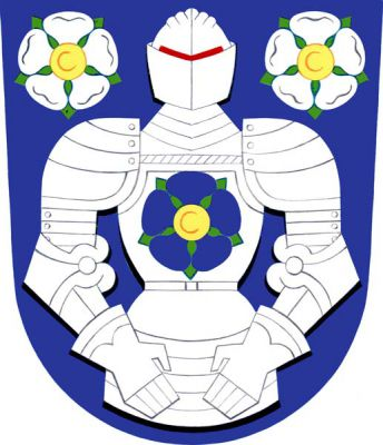 V modrém štítě postava až po stehna ve stříbrné plátové zbroji a se stříbrnou kolčí přilbou, mající na prsou modrou růži se zlatým semeníkem a provázená nahoře dvěma stříbrnými růžemi se zlatými semeníky. Znak Lazníky