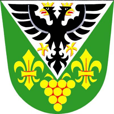 V zeleném štítě se stříbrným zkráceným klínem s černým korunovaným orlem se zlatou zbrojí vinný hrozen provázený dvěma liliemi, vše zlaté. Znak Lechovice